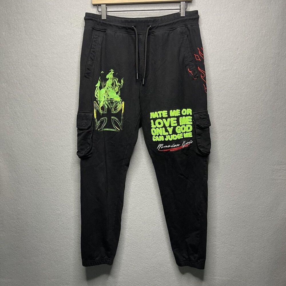 Maison Noir Black Cargo Joggers With Neon Green & Red Flame Embroidery Size L